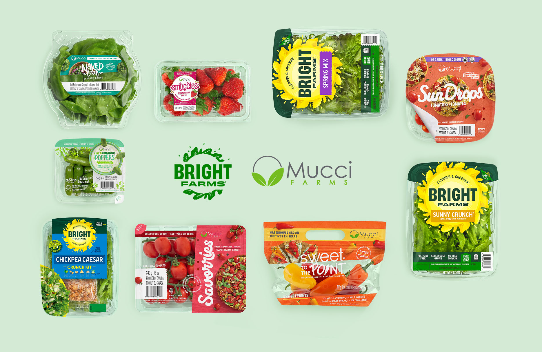BrightFarms + Mucci logos, with fruits and vegetables